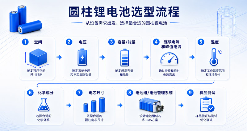 根据设备空间电压容量电流和温度选择圆柱锂电池型号的工程流程图 根据设备空间电压容量电流和温度选择圆柱锂电池型号的工程流程图