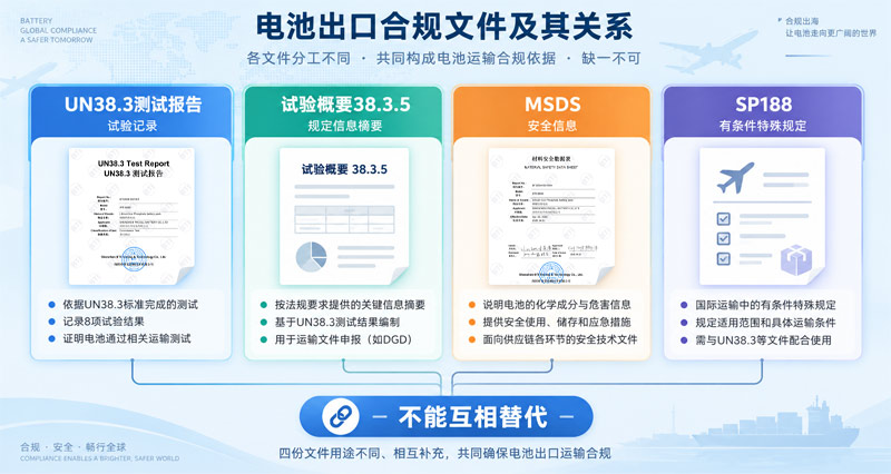 UN38.3测试报告、试验概要、MSDS和SP188作用区别图 UN38.3测试报告、试验概要、MSDS和SP188作用区别图