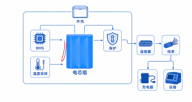 锂电池PACK电芯BMS连接器线束外壳和设备接口关系图